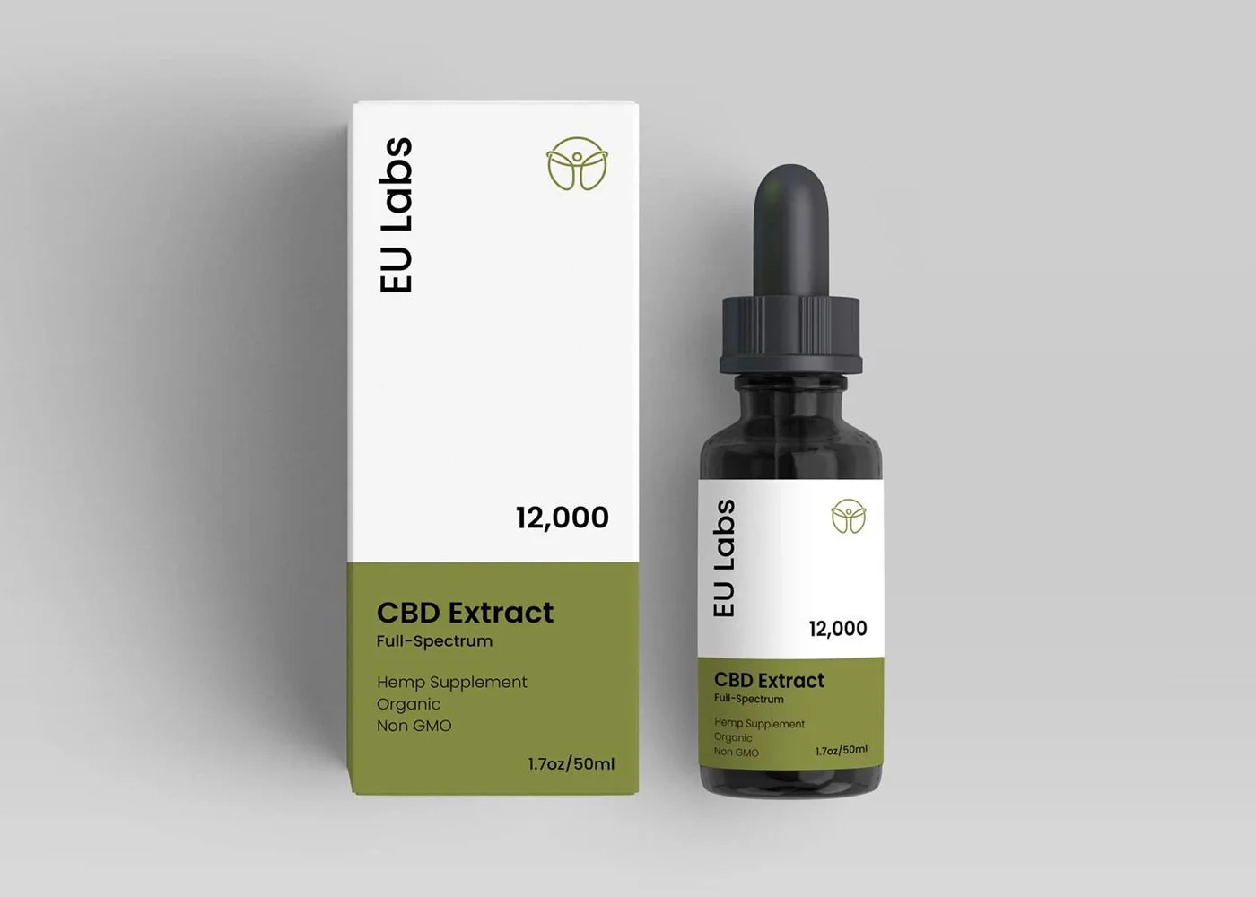 Front of a 50ml full-spectrum CBD oil bottle, 12000mg strength